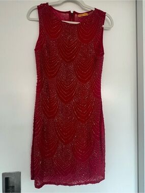 Alice + Olivia Red Beaded Sleeveless Mini Dress